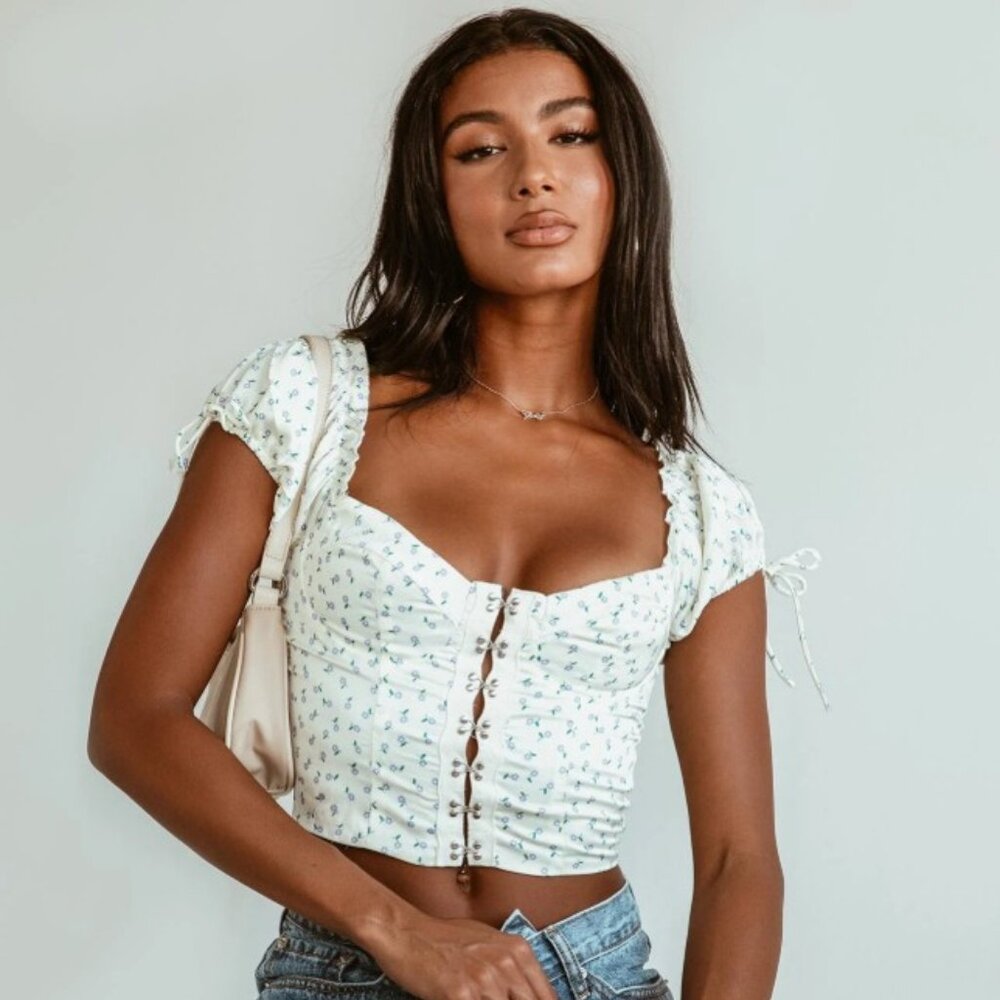 Princess Polly Corset Top Allyson Floral Puff Sleeve Coquette Milkmaid 10 Cream